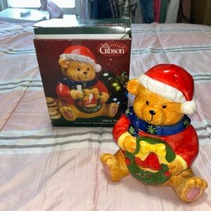 Gibson Red and Green Christmas Bear Cookie Jar New in Box